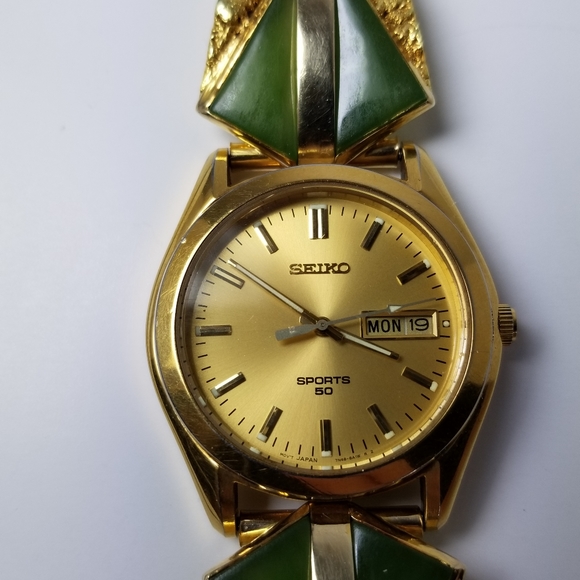 Gold nuggets and green jade men's watch Fresh Battery, Box - Picture 15 of 16